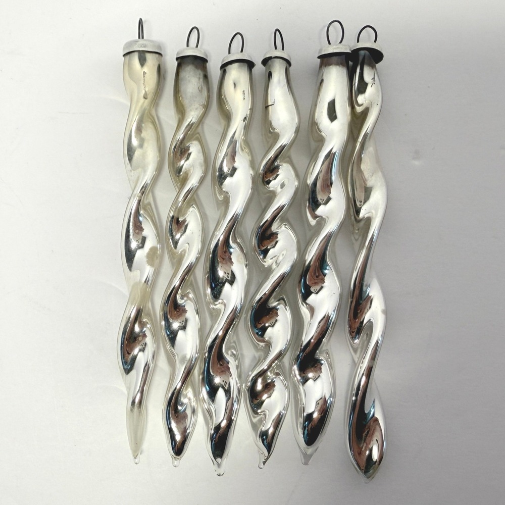 Vintage CALI COL Glass Icicle Ornaments Twisted Spiral Silver 4in 6pcs LOT 4